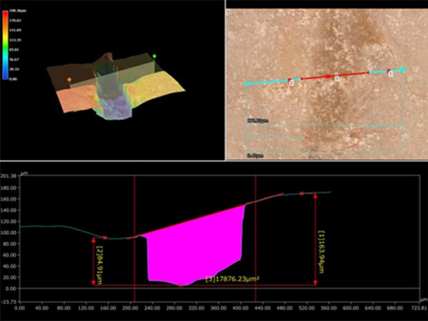 ZS-200, 500×, ring illumination 3D profile measurements can be used to quantify pore clogging.