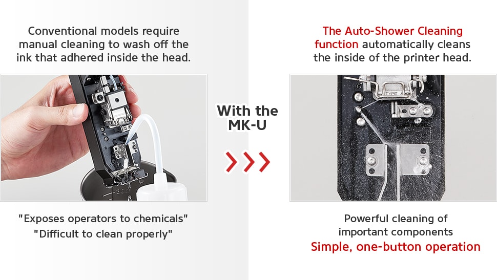 Catalog Download, [Exposes operators to chemicals] [Difficult to clean properly] / With the MK-U / The Auto-Shower Cleaning function automatically cleans the inside of the printer head. Powerful cleaning of important components Simple, one-button operation