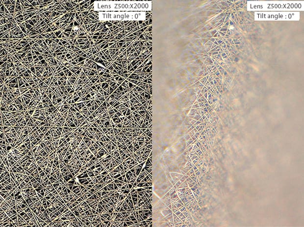 VH-Z500, 2000×, coaxial illumination Left : With depth composition Right : Without depth composition The depth composition function allows for in-focus observation of even deep fibers.