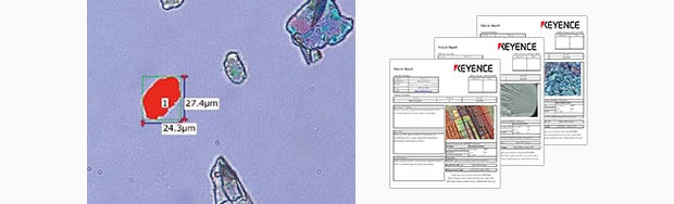 Measurement as part of a contamination analysis directly in the real-time image (left) and using reports