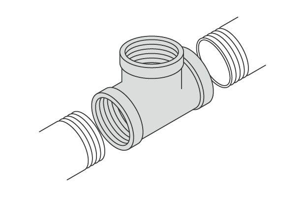 Joints that connect to the external threads of two pipes to create a T-shaped branch for connecting a third pipe.