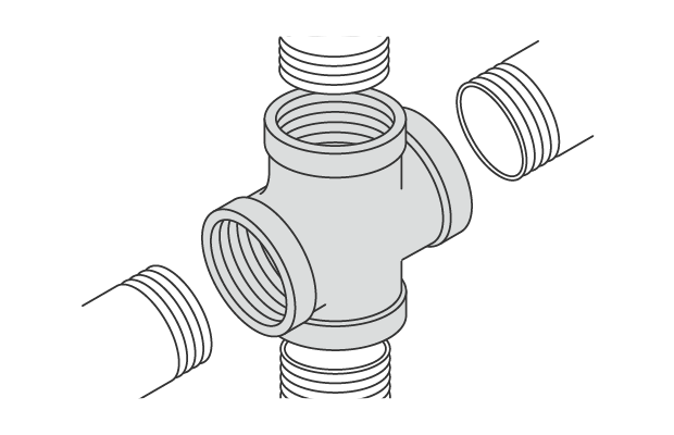 Joints that connect to the external threads of four pipes to create a 4-way branch.