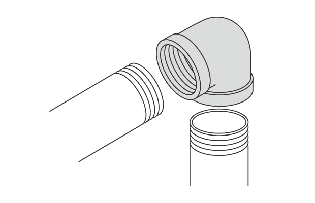 Joints that connect to the external threads of two pipes to create a 90-degree bend.