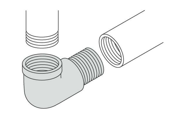 Joints that connect to the external threads of one pipe and the internal threads of another pipe to create a 90-degree bend.