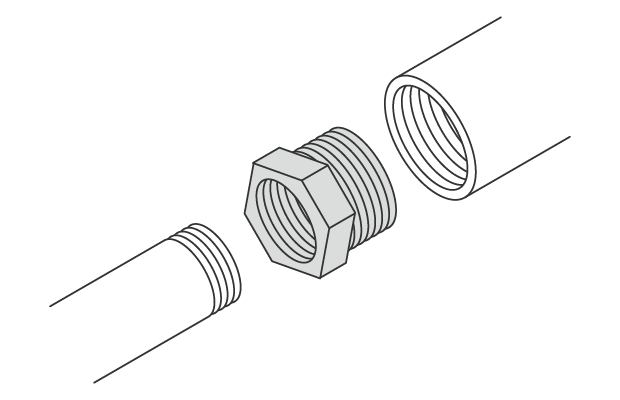 Joints that connect to the internal threads of one pipe and the external threads of another pipe with a different diameter. The internal threads of the pipe with the larger diameter are connected to the external threads of the pipe with the smaller diameter.