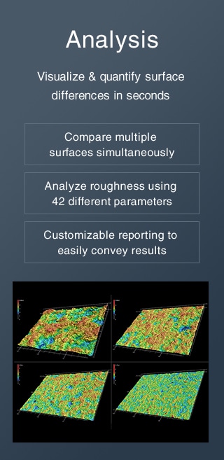 [Analysis] Visualize & quantify surface differences in seconds / Compare multiple surfaces simultaneously, Analyze roughness using 42 different parameters, Customizable reporting to easily convey results