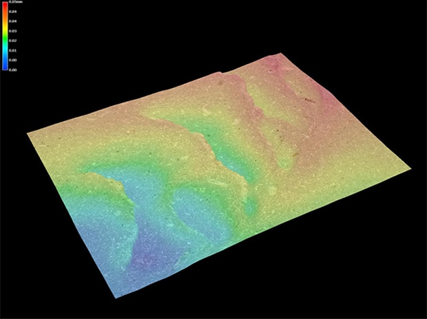 3D image Using 3D imaging makes it possible to visualize irregularities on the surface of the white rubber.