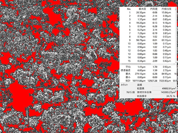 Automatic area measurement image The automatic area measurement function makes it possible to quantify rubber particles.