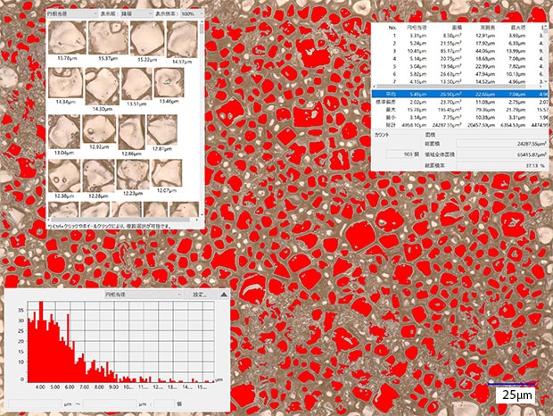 VHX-E500, 1000×, coaxial illumination The grains used to be visually counted by size using a scanning electron microscope (SEM). This process can now be done automatically using the automatic area measurement function.