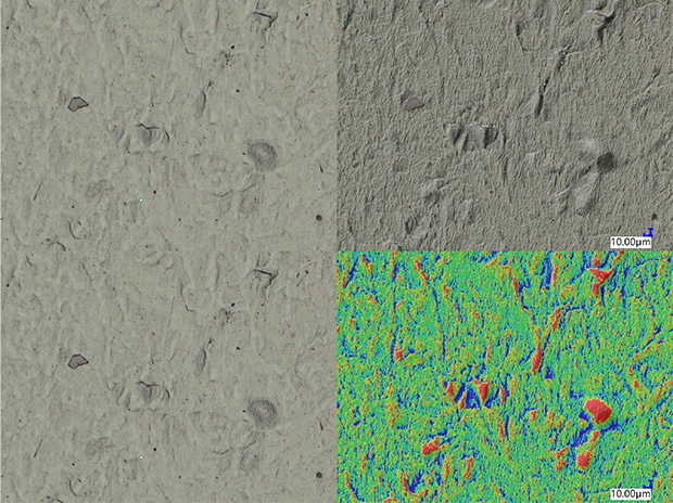 VHX-E100, 300×, coaxial illumination Left : Normal image Upper right : Optical Shadow Effect Mode image Lower right : Color Map image